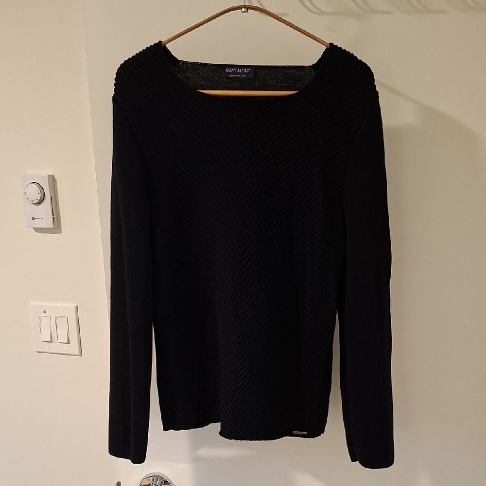 Saint James Women's Pure Virgin Wool Classic Navy Chevron Sweater (Size XS)